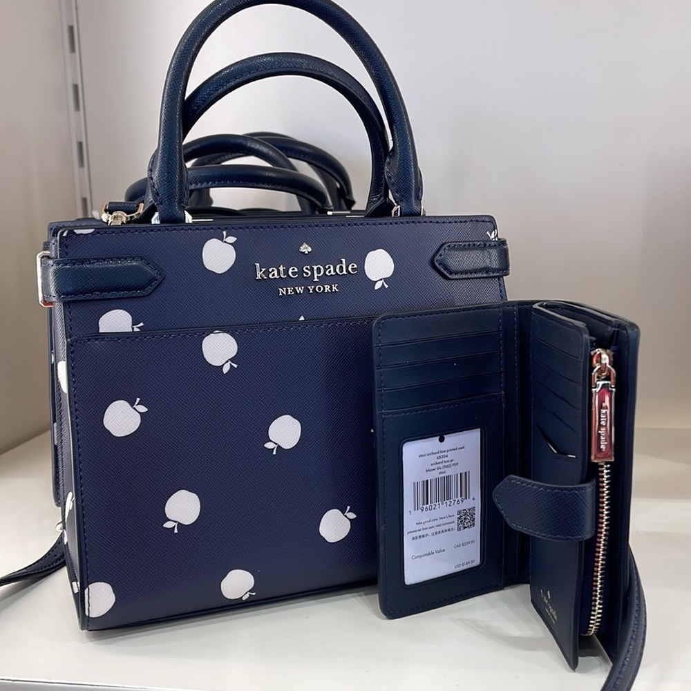 Kate Spade Staci Sm Satchel Orchard Toss Pr & Staci Lg White Apple Bifold Wallet - Picture 8 of 16